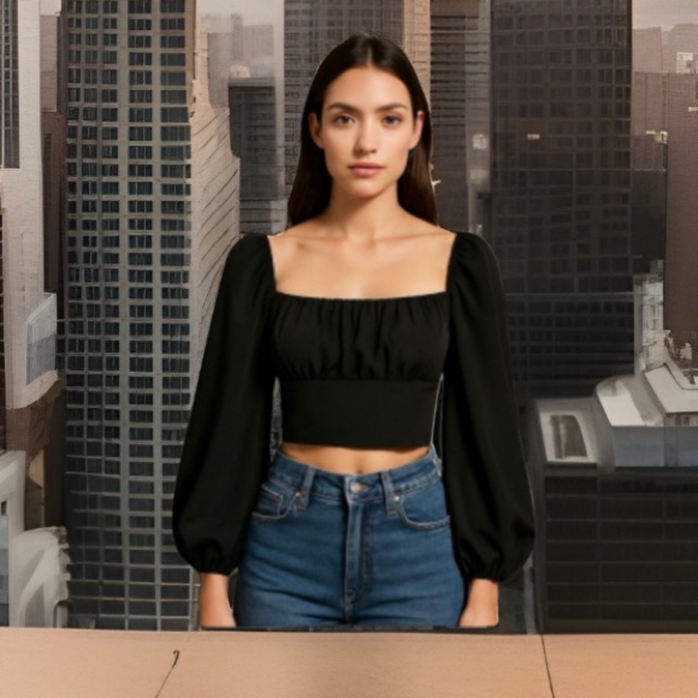 Black Puff Sleeve Crop Top female size 10 puffer sleeve